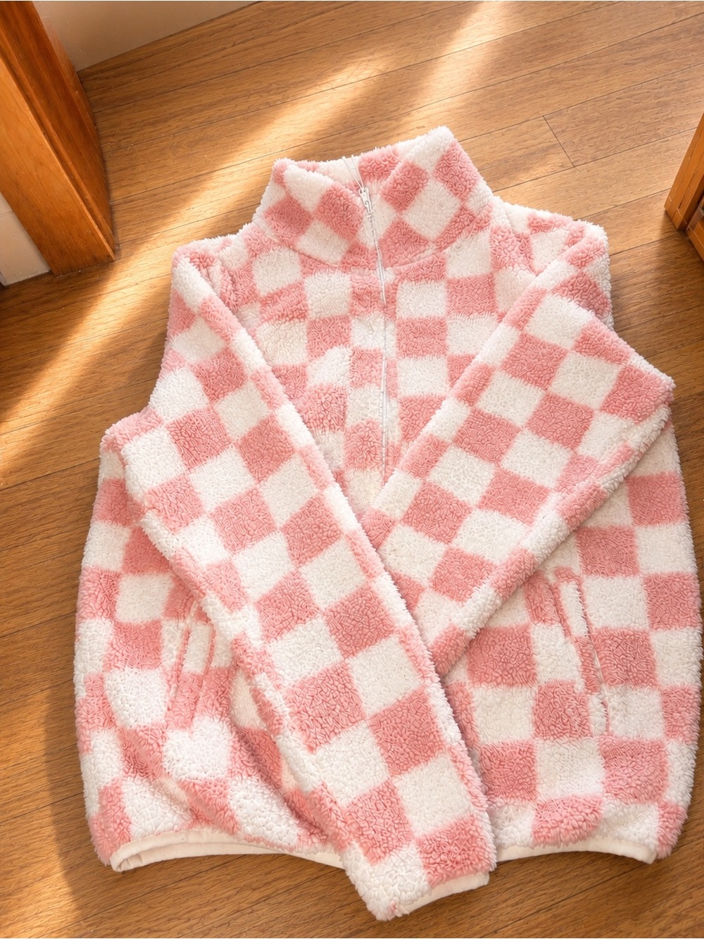 Urban Outfitters Pink & White Checkered Sherpa Zip Jacket